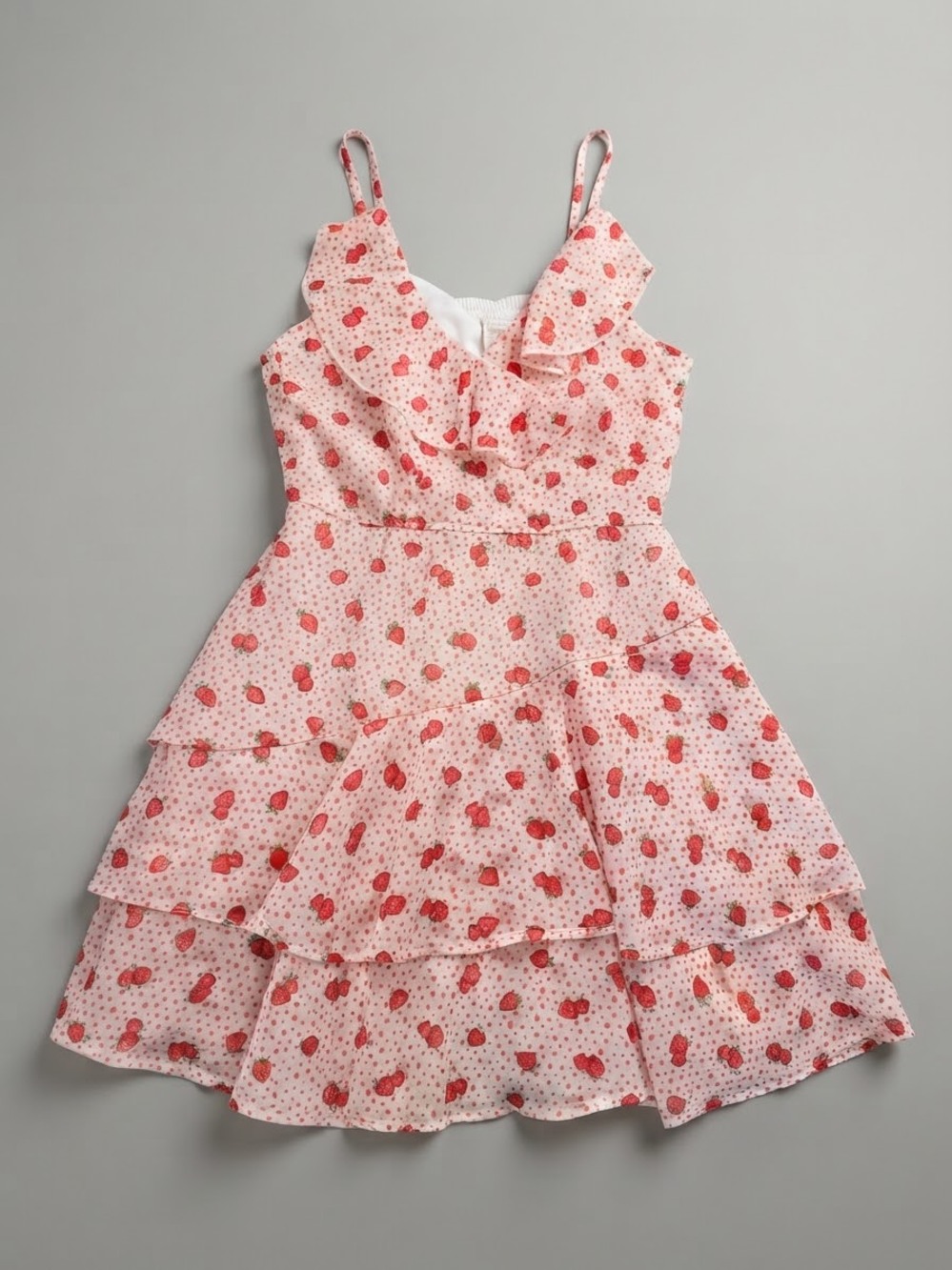 Japna Women Dress M Pink White Strawberry Print Ruffle Tiered Mini Sundress